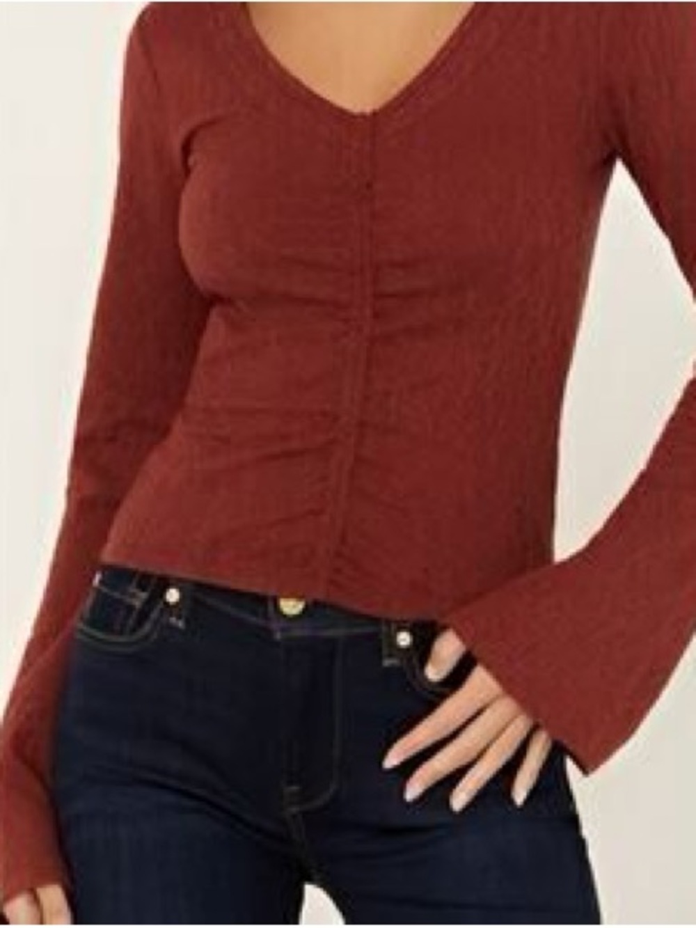Shyanne Rust Long Sleeve V-Neck Ribbed Top